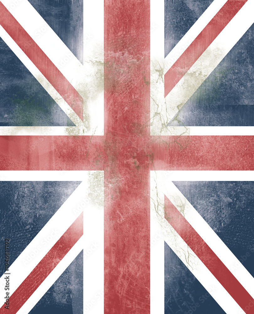 Fototapeta premium Distressed vertical Union Jack flag background with grunge texture and scratches. Vintage British national symbol for patriotic UK design concepts.