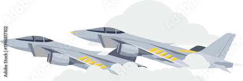 Two military fighter jets flying through a cloudy sky