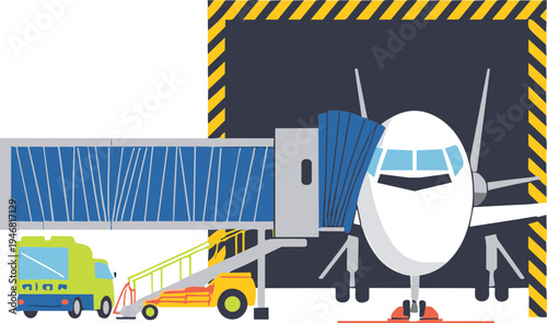 Airplane boarding passengers at airport with service vehicle and jetway