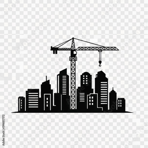 Crane Silhouette Over City Buildings Construction.