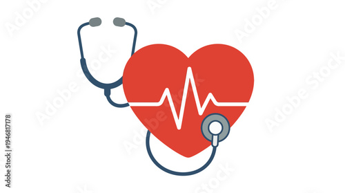Flat vector illustration of a medical stethoscope wrapped around a heart shape, simple shapes