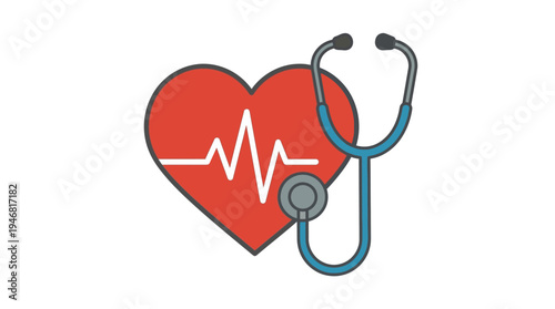 Flat vector illustration of a medical stethoscope wrapped around a heart shape, simple shapes