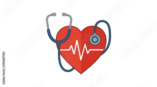 Flat vector illustration of a medical stethoscope wrapped around a heart shape, simple shapes