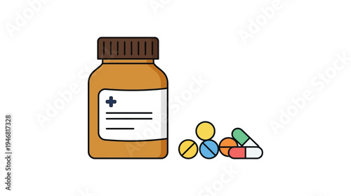 Flat vector illustration of a medicine bottle with pills beside it