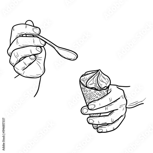 A girl's hands holding a spoon and ice cream, a black and white hand-drawn sketch. Vector illustration. Sweet summer dessert, ice cream in a cone in her hands, isolated on a white background. Not AI.