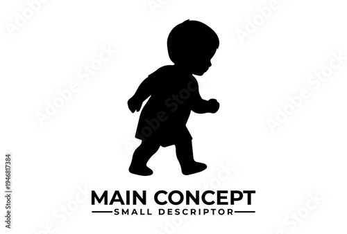 A black silhouette of a child walking on a white background with the text 'MAIN CONCEPT' and 'SMALL DESCRIPTOR' for Down Syndrome Day awareness against a clean and simple backdrop.