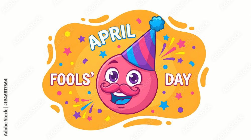 Naklejka premium Colorful April Fools' Day Celebration Cartoon Character with Party Hat