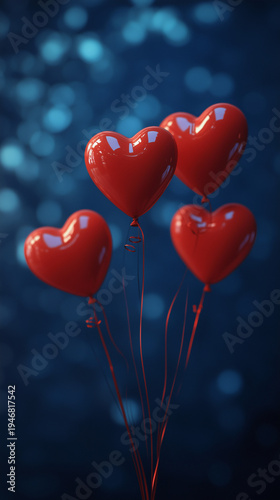 Four Red Heart-shaped Balloons on Teal Bokeh Background, Valentine's Day Romantic Love Theme Visual