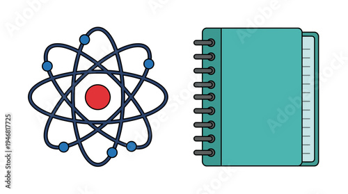 Flat vector illustration of a science atom symbol with a notebook, simple shapes 