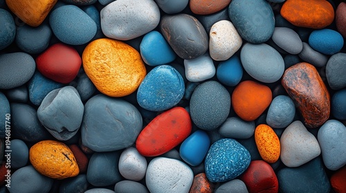 Colorful Warm and Cool Tone Pebbles Flat Lay on Dark Background, Natural Texture and Harmony Balance Theme Visual