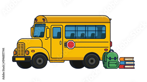 Flat vector illustration of a school bus with a backpack and books 