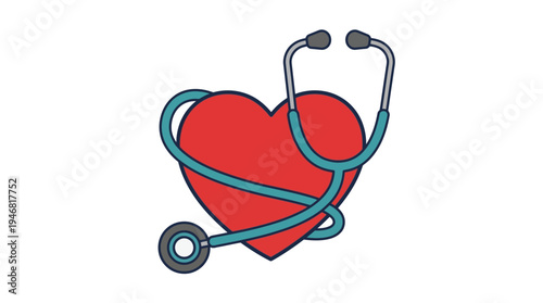 Flat vector illustration of a heart with a pulse line and stethoscope