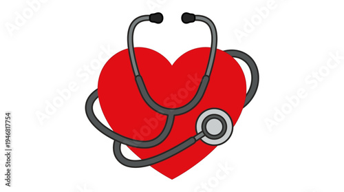 Flat vector illustration of a heart with a pulse line and stethoscope