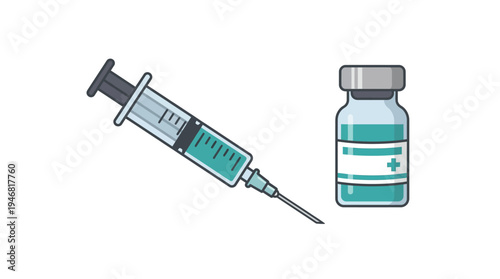 Flat vector illustration of a syringe and small medicine vial,