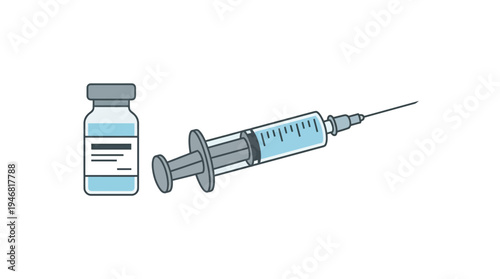 Flat vector illustration of a syringe and small medicine vial,