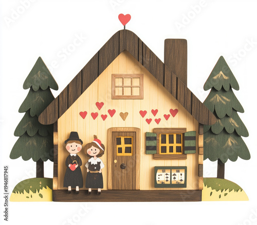 Couple wearing traditional clothes standing in front of wooden house with red hearts and fir trees