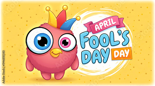 Wallpaper Mural Cute pink bird wearing colorful jester hat celebrating April Fool's Day with playful background Torontodigital.ca