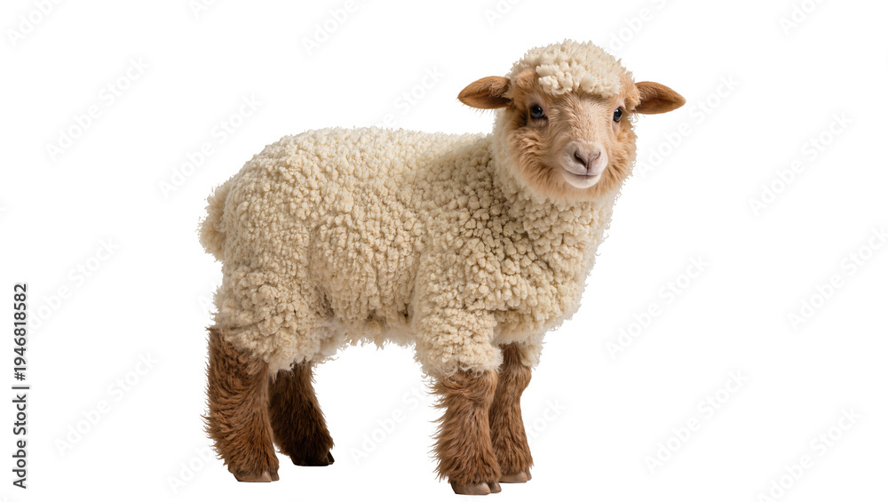 Obraz premium Isolated adorable young lamb with fluffy curly wool posing against a plain backdrop