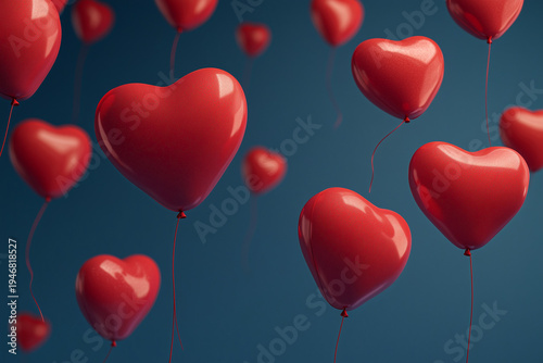 Layered Red Heart-shaped Balloons on Teal Gradient Background, Valentine's Day Romantic Love Theme Visual