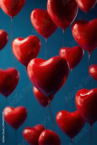Red Heart-shaped Balloons Cluster on Teal Gradient Background, Romantic Love and Festival Celebration Theme Visual