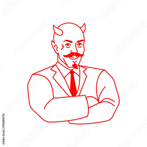 confident devil boss in a business suit with folded arms. Powerful mascot character for corporate, leadership, or gaming concepts.