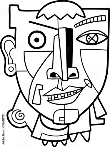 Abstract cubist face illustration in black and white line art. Surreal geometric mask with artistic distorted features, ideal for modern design and coloring.