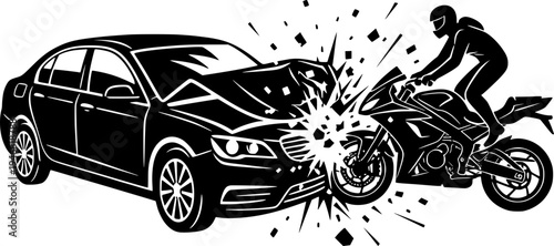 Car and motorcycle accident collision. Black and white vector illustration of a motor vehicle crash involving a sedan and a sportbike. Insurance and road safety concept.