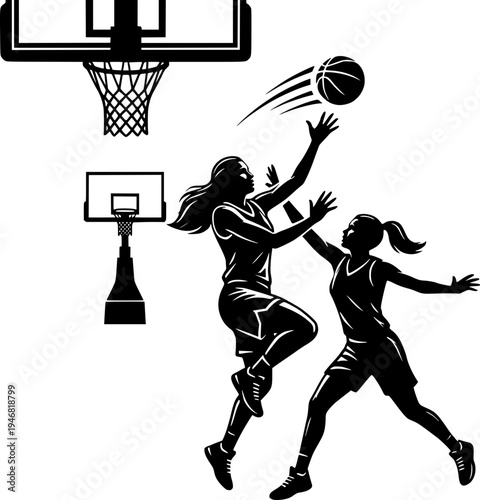 Flat vector silhouette of two women playing basketball. Female athletes jumping for a layup and defending near the hoop. Action sports illustration isolated on white.