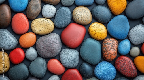 Colorful Smooth Pebbles Flat Lay on Dark Background, Natural Texture and Balance Harmony Theme Visual