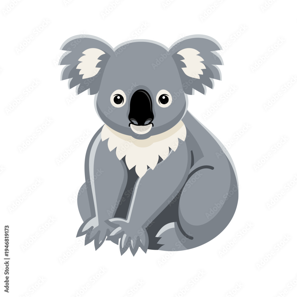Naklejka premium Detailed grey koala sitting. Cute Australian wildlife character representing nature, fauna, and zoo-themed concepts.