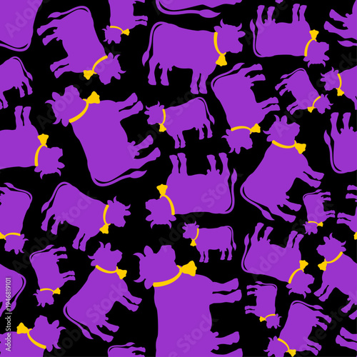 Seamless pattern with purple cow silhouettes on a black background. Vibrant and creative animal texture for modern textile and bold graphic design.