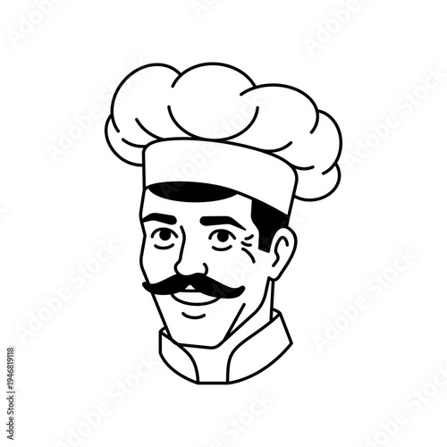 chef with a mustache and tall toque. Classic logo for restaurant, culinary blog, or food service.