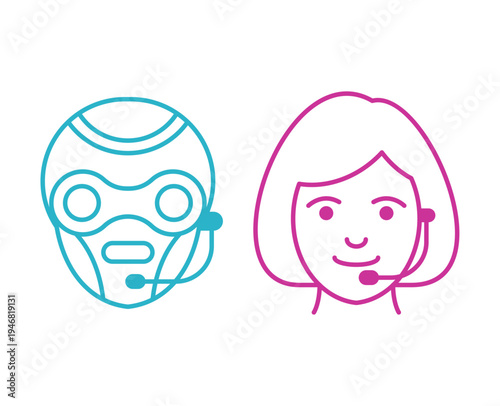 robot and female operator in headsets icon. Modern concept for human-robot interaction in customer service.