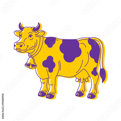 yellow cow with bright purple spots and a bell. Colorful character for dairy products, kids' design, or farm concepts.