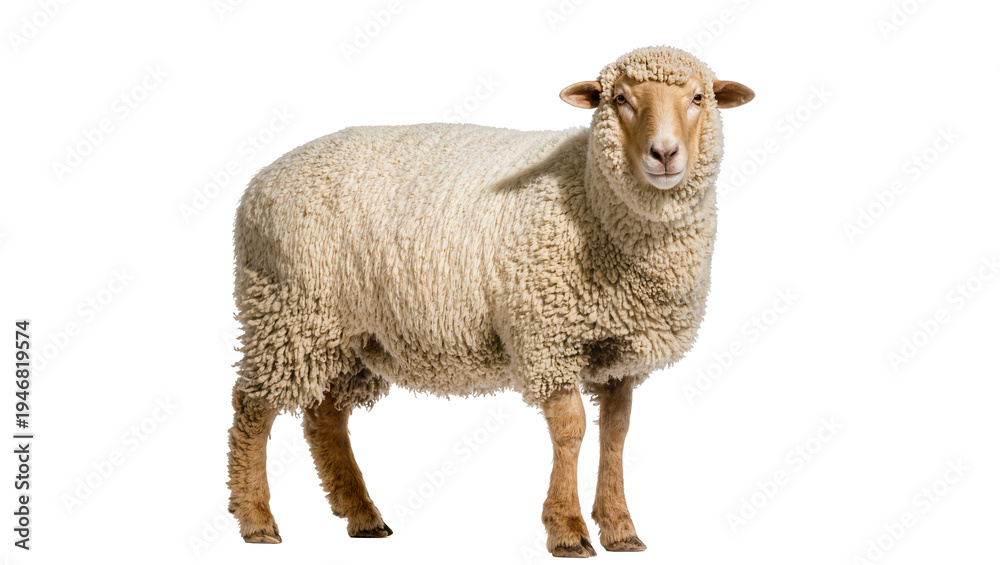 Fototapeta premium Isolated full body portrait of a domestic sheep with a thick woolly fleece.