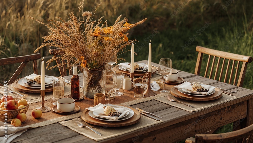 Fototapeta premium Rustic Outdoor Dining Table Arrangement with Flowers and Dishes