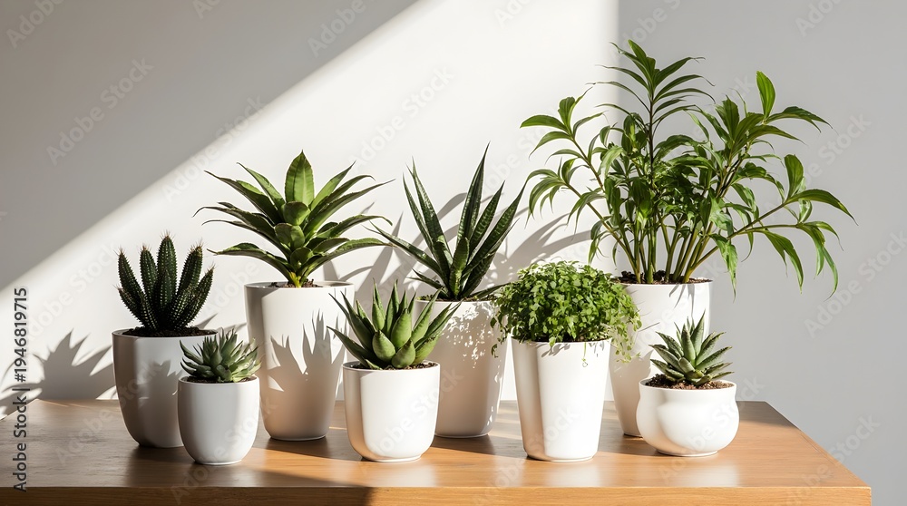 Fototapeta premium Modern potted plants in white ceramics with bright morning sunlight