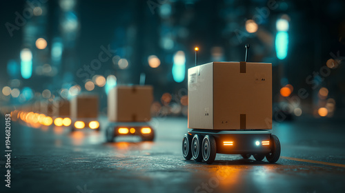 Autonomous delivery robot transporting cardboard package in smart city street futuristic last mile logistics technology concept
