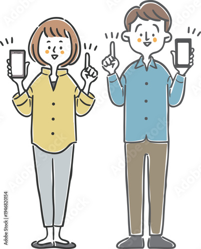 スマホを持って説明する夫婦のイラストセット　全身　ベクター