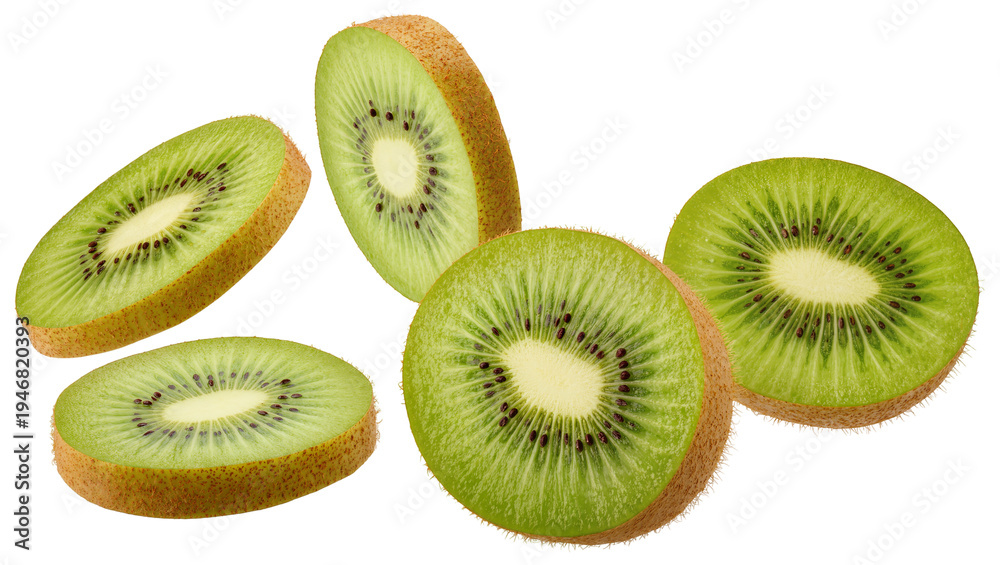 Fototapeta premium Isolated fresh ripe kiwi fruit slices showing vibrant green flesh and brown skin