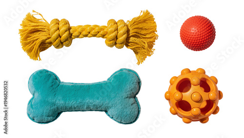Isolated collection of various colorful dog toys on a clean background, ready for pet play