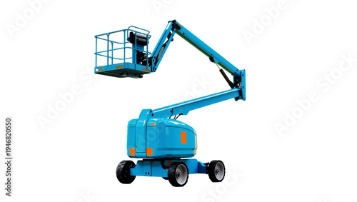 Isolated blue articulating boom lift for construction or maintenance work at height