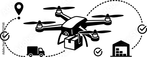 Delivery Drone Vector - Autonomous Quadcopter Package Transport with GPS Line Art Design
