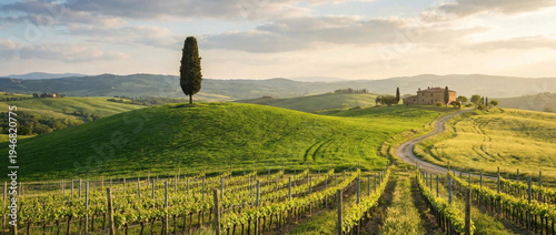 Tuscan Countryside Landscape with Vineyards and Cypress