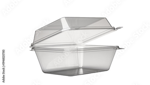 Canvas Print Isolated transparent plastic clamshell food container, lid open, for takeaway it
