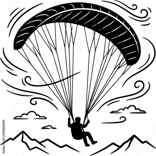Paragliding Adventure Vector - Sky Sport with Mountain Landscape and Wind Elements Line Art

