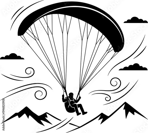 Paragliding Adventure Vector - Sky Sport with Mountain Landscape and Wind Elements Line Art

