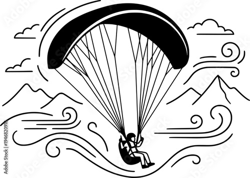 Paragliding Adventure Vector - Sky Sport with Mountain Landscape and Wind Elements Line Art
