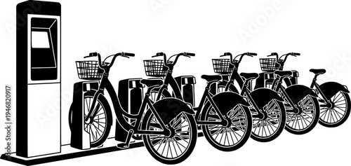 Bike Sharing Station Vector - Smart City Bicycle Rental System with Docking Interface Line Art
