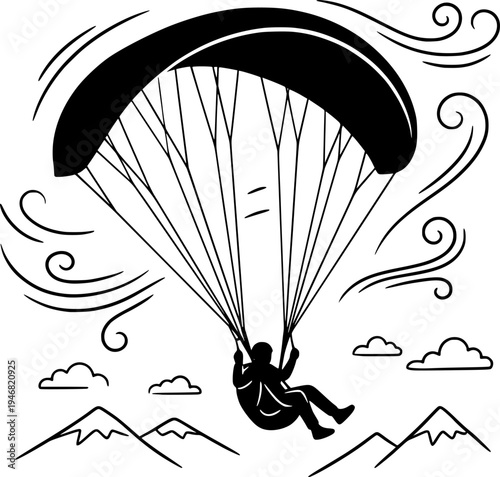 Paragliding Adventure Vector - Sky Sport with Mountain Landscape and Wind Elements Line Art
